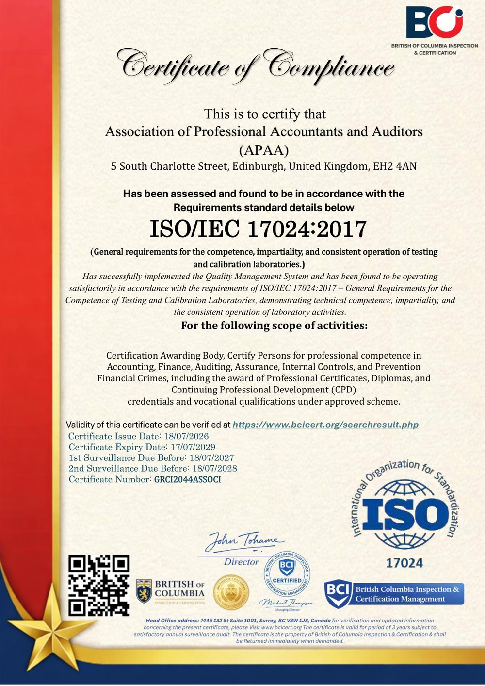 شهادة المطابقة لمعيار ISO/IEC 17024:2017 الممنوحة لـ APAA، صادرة عن British Columbia Inspection & Certification